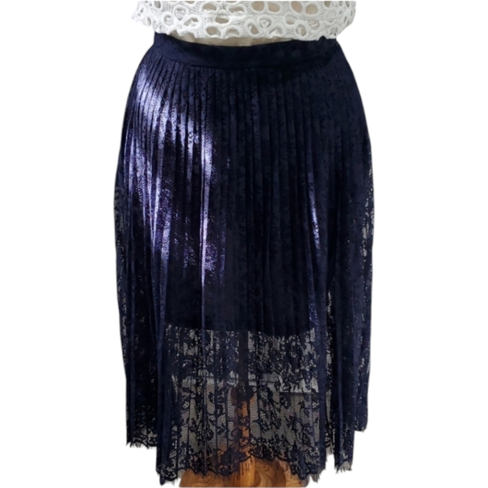 H&M Navy Pleated Lace Midi Skirt – Women’s Size 6, Elegant Semi-Sheer Lined